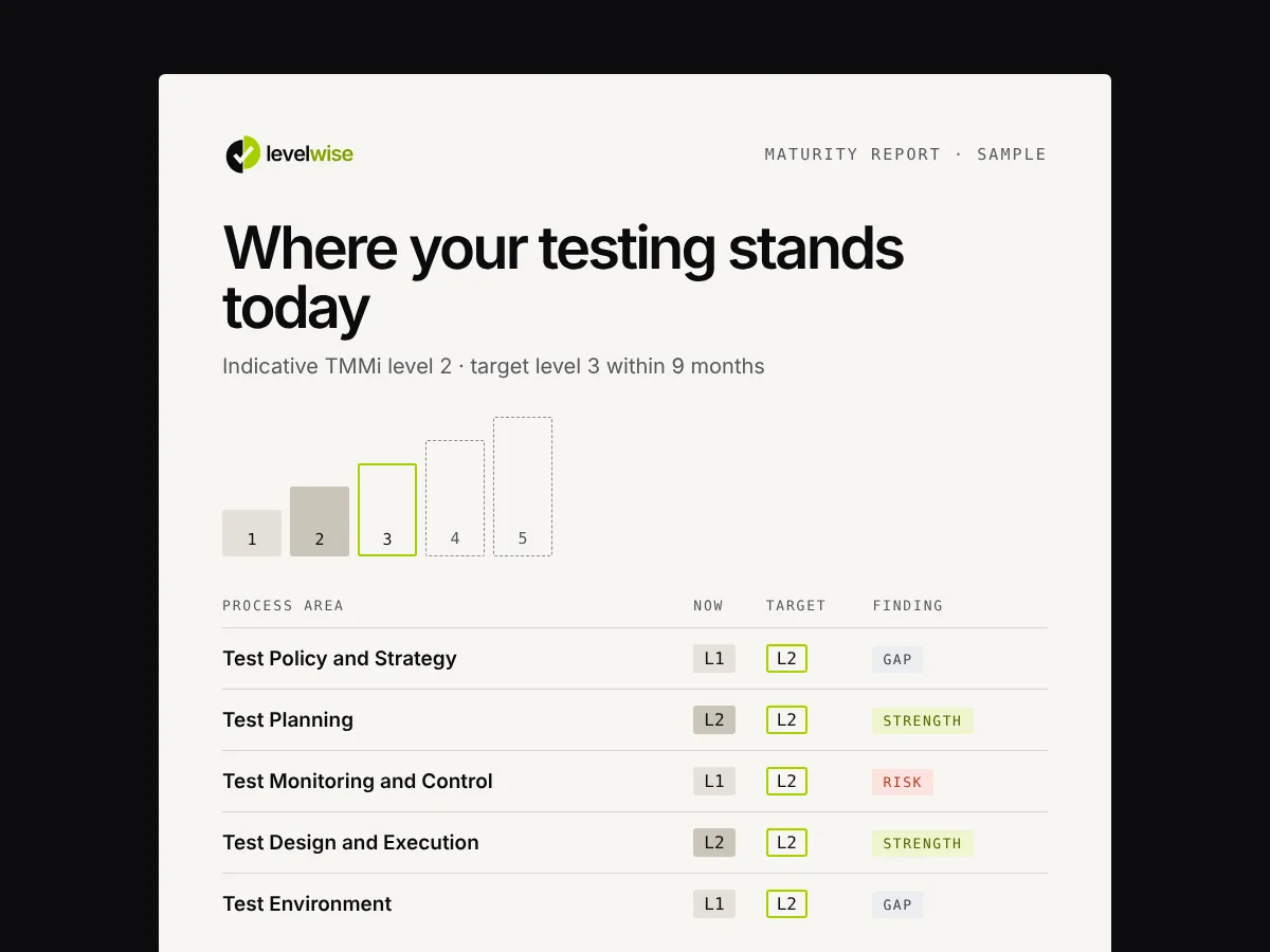 Sample page from a Levelwise maturity report: an indicative level of 2 with a target of 3, and a table of TMMi process areas with current level, target and finding.